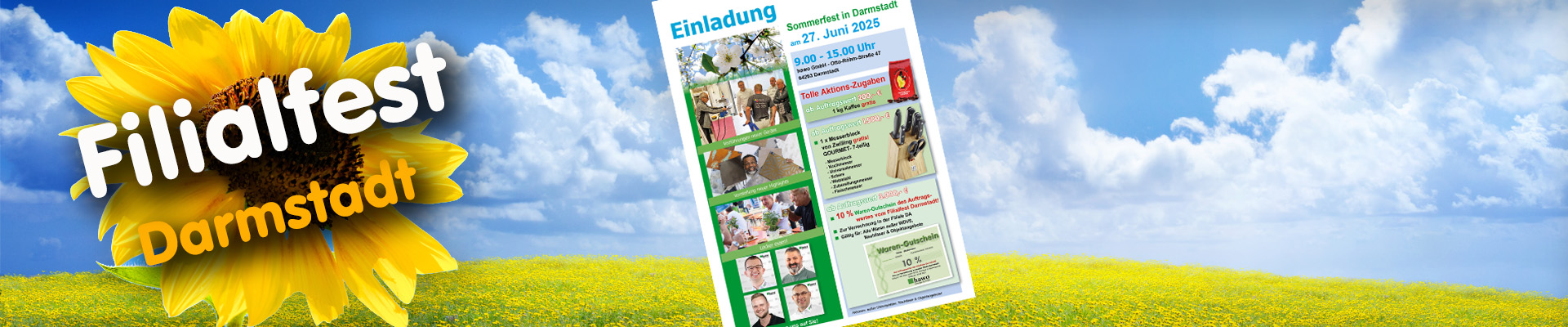 Blumenwiese und eine große Sonnenblume mit Abbildung der Einladung