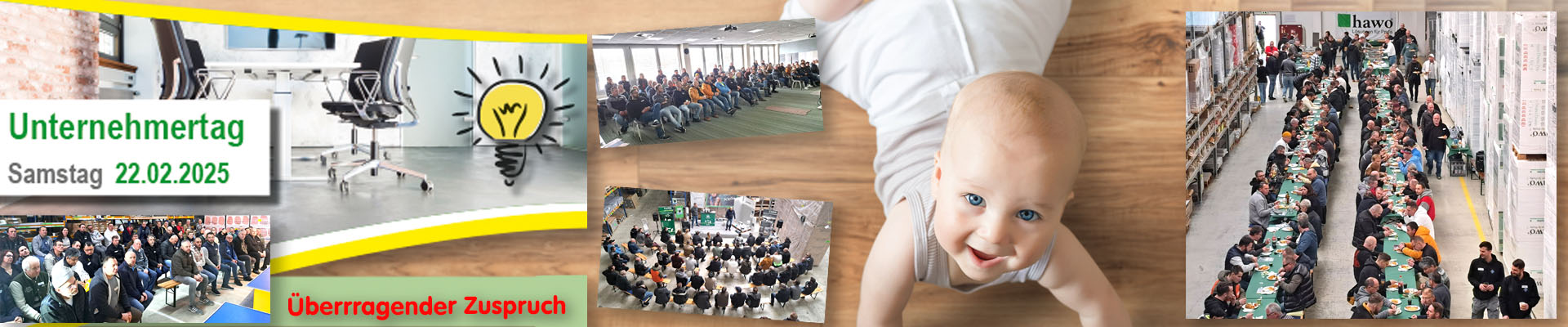 nach oben in die Kamera schauendes Baby auf dem Boden, 4 Bilder mit Publikum