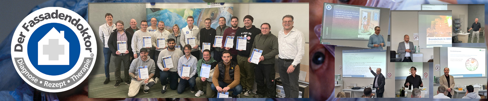 Fotocollage vom den Teilnehmer und den Referenten des Weiterbildungsseminars mit Logo von Der Fassadendoktor