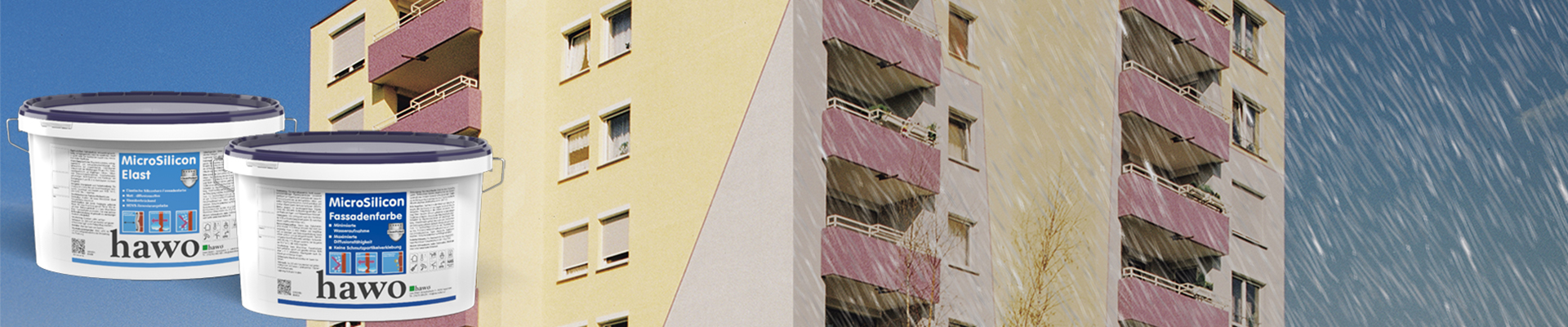 Hochhaus - eine Seite mit schönem Wetter auf der anderen Seite Regen - Abbildung der Produkte hawo MicroSilicon Fassadenfarbe und hawo MicroSilicon Elast