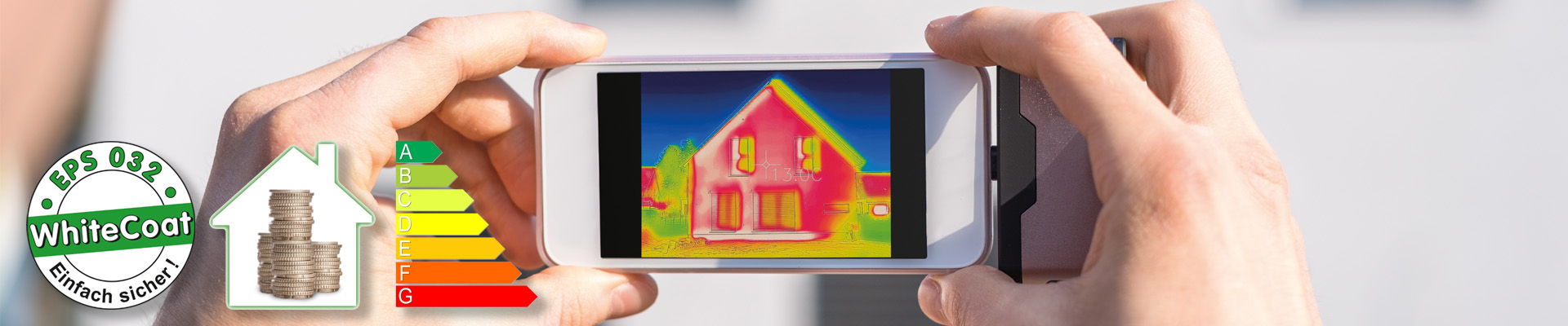 Smartphone mit einen Wärmebildphoto eines Hauses - Piktogramme von WhiteCoat EPS 032 einfach sicher - stilisiertes Haus mit Münzen drin - Energieeffizienzampel A grün bis g rot