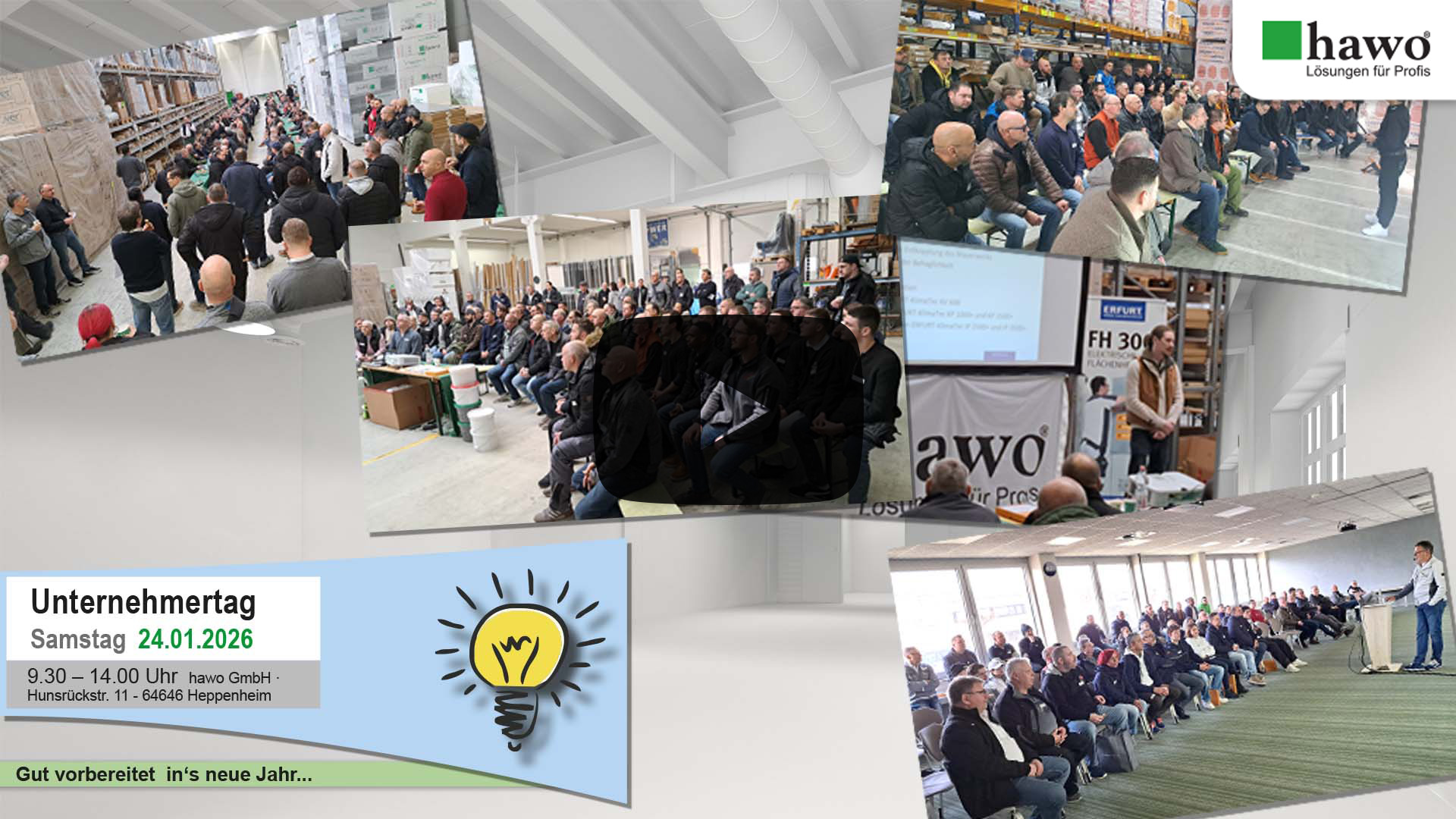 Titelbild des YouTube-Videos - Abbildung der Einladung für den Unternehmertag Fassade mit fünf Bildern der verschieden Vortraglocations mit aufmerksamen Publikum - in der Mitte ein Play-Button