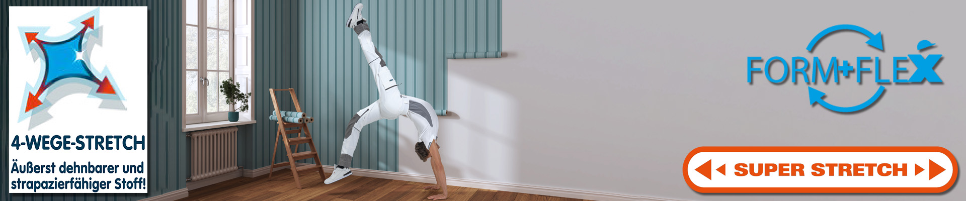 Maler schwingt ein Bein hinter sich, wie beim FlickFlack, nur das ein Bein fast schon wieder den Boden ber&uuml;hrt, w&auml;rend das andere Bein noch in die Luft gestreckt ist. Schriftzug SuperStrecht und FormFlex. Abbildung der Hose in wei&szlig; und schwarz 