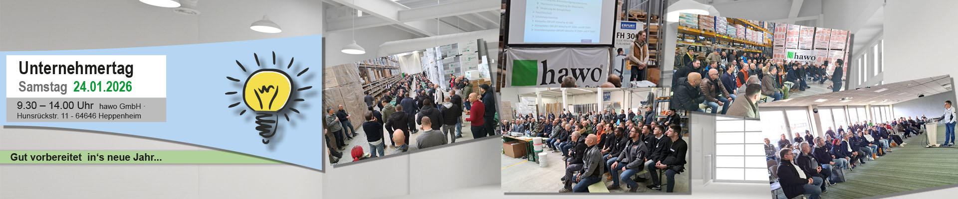 Abbildung der Einladung für den Unternehmertag Innen mit fünf Bildern der verschieden Vortraglocations mit aufmerksamen Publikum